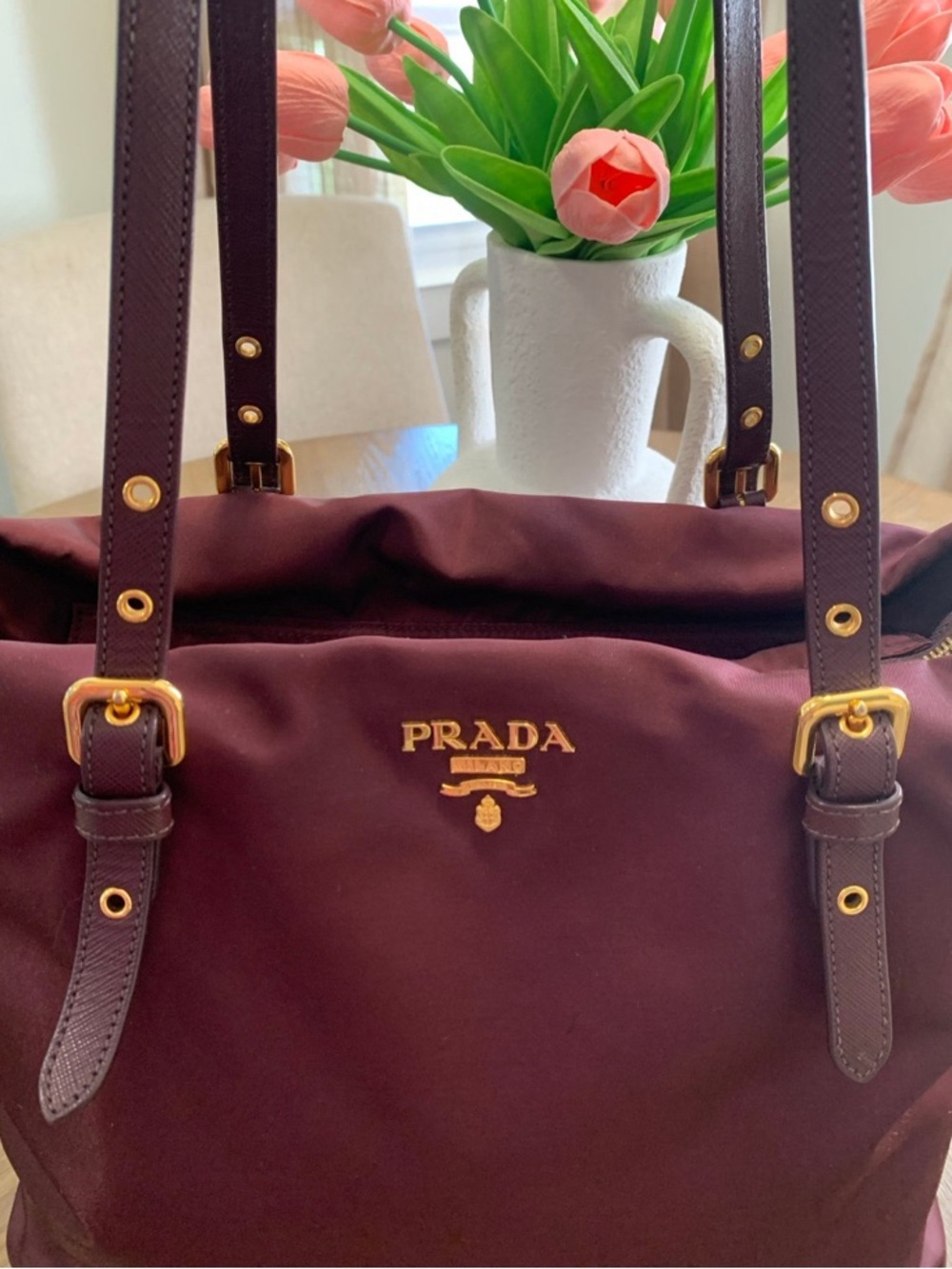 Prada Burgundy Nylon Tote with Gold-Tone Logo~Certificate Of Authenticity - Picture 3 of 13
